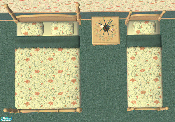 Sims 2 — Country Flowers Bedding by ImmeK — A comfortable bedding with peach and teal flowers on a cream-coloured