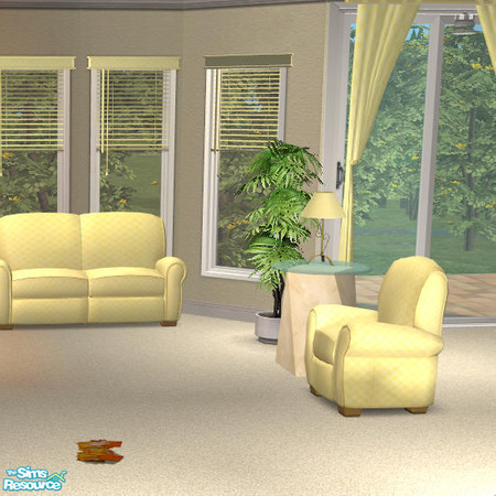 Sims 2 — Yellow Summer Tie Backs by DOT — Sofa, Loveseat, Chair, painting, lamp shade recolor, curtain and mini blind