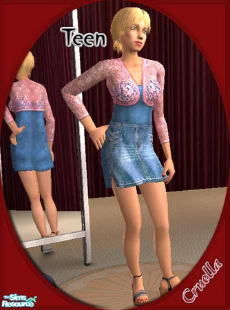 Sims 2 — am_denimit_04 by Cruella — light blue fashion denim dress with pink crocheted sweater.