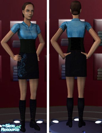 Sims 2 — Blue Satin Secretary Outfit by Ses — Blue satin corset top with dragon print skirt.