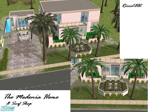 Sims 2 — Modenia Circle & Surf Shop by TheNumbersWoman — A Modern House with a back patio and raised Garden. Side