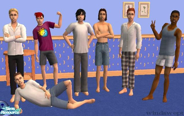 Sims 2 — Male Teen PJs / Pajamas by _windswept — A lovely set of 7, including sweats, shorts, big t-shirts and a pair of