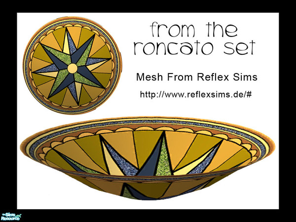 Sims 2 — Polished Comfort Bowl by dancingaphrodite — Star design with golds, blues, green and browns graces this mesh