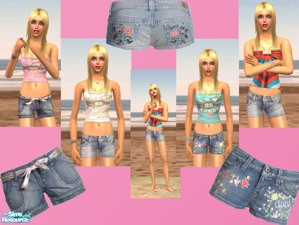 Sims 2 — Beach Babe Set- 03 by TSR Archive — This set comes with different tube tops and 3 different Guess shorts.
