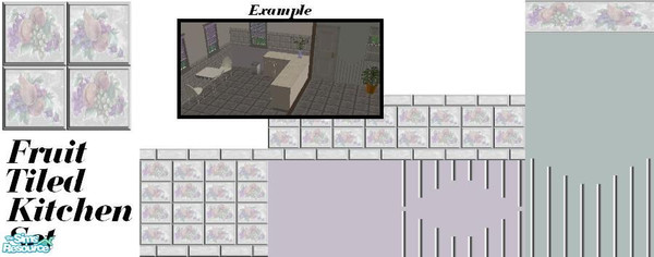 Sims 2 — Fruit Tile Kitchen Set by Lorah — Beautiful kitchen set in grey, lavender and aqua.