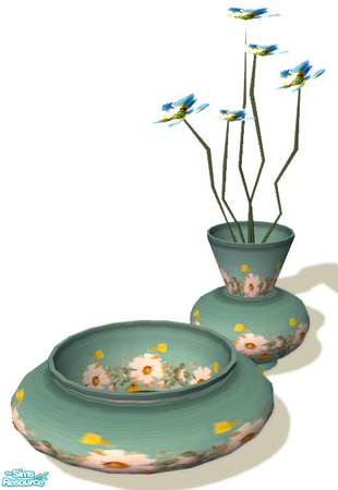 Sims 2 — Nifty 50's Decorative Bowl and Vase by dancingaphrodite — Green bowl and vase sport colorful daisy patterns for