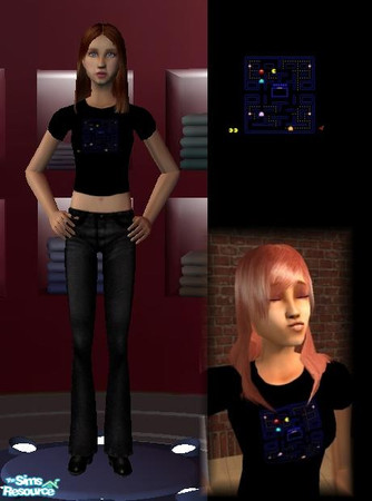 Sims 2 — Teen PacMan top by law3 — A black t-shirt for teen girls, printed with the image of a PacMan game screen. Very