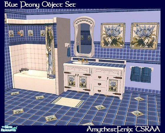 Sims 2 — Blue Peony Object Set by amythestfenix — A collection of kitchen and bath objects based on vintage "Blue