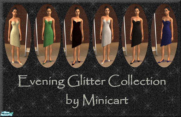 Sims 2 — Evening Glitter Collection by minicart — Six lovely glitter dresses in red, silver, blue, green, gold and black.