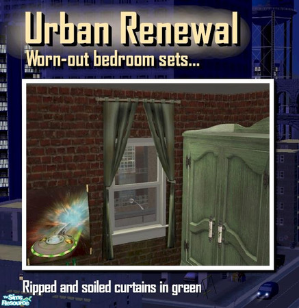 Sims 2 — Green ripped and soiled curtains by Cyclonesue — Distressed, soiled bedroom furniture - part of the Urban