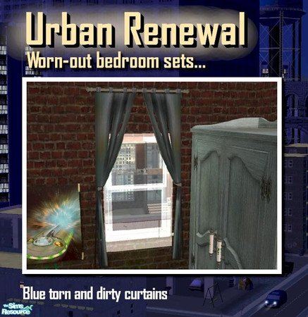 Sims 2 — Blue ripped and soiled curtains by Cyclonesue — Distressed, soiled bedroom furniture - part of the Urban Renewal