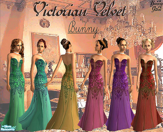 Sims 2 — Embroidered Gowns: Victorian Velvet by BunnyTSR — A set of six sumptuous & very feminine strapless formal