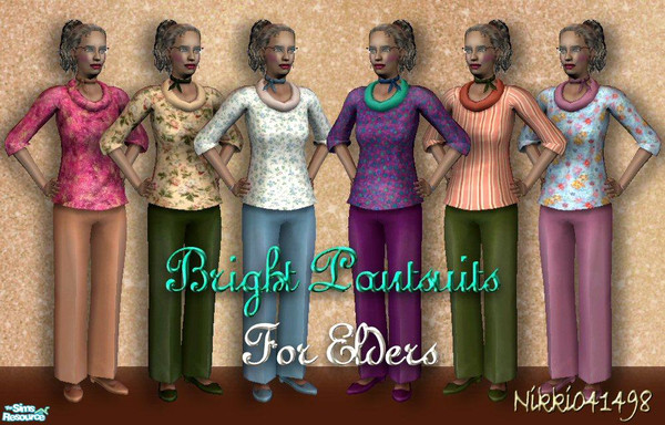 Sims 2 — Bright Pantsuits for Elders by Nikki041498 — Simple recolors of the newest Maxis OFB mesh for Elder Females.