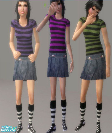 Sims 2 — Rock Out Set by pretty_baby — 3 teen outfits. each contains a pleated denim skirt a pair of black chucks and a