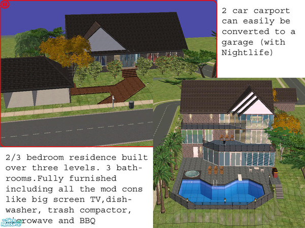 Sims 2 — Hillview by Twinmum — Built over 3 levels to maximize the view, this 2/3 bedroom home is sure to please. Fully