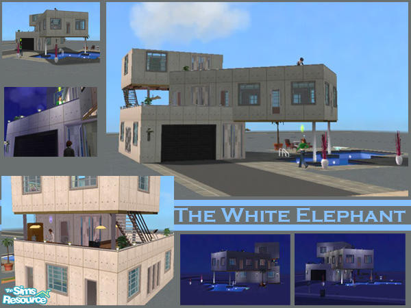 Sims 2 — White Elephant by Kesal — Unique home for single sim. Outdoor kitchen, open stair to third floor bedroom/patio.