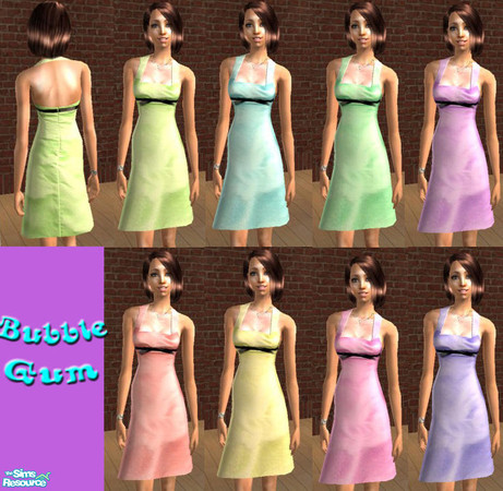 Sims 2 — BubbleGum Dresses by JulietteRose — Set of eight bright and fun tea dresses. Uses Black and White Fashinable Tea