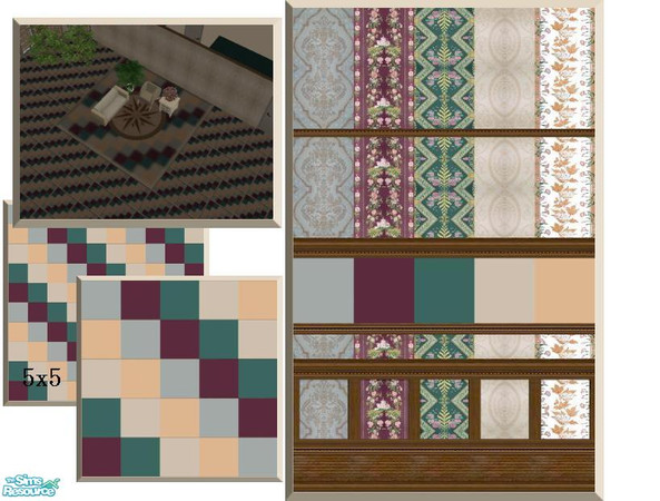 Sims 2 — Lift Tile and Brick Walls by Lorah — blue-grey, maroon, teal, beige and peach paint with matching wallpapers and