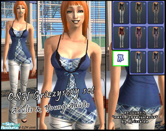 Sims 2 — CSH Grizzysexy set by Fairysunlight — Asymetrical tartan top over creased pants and high heels - REQUIRES