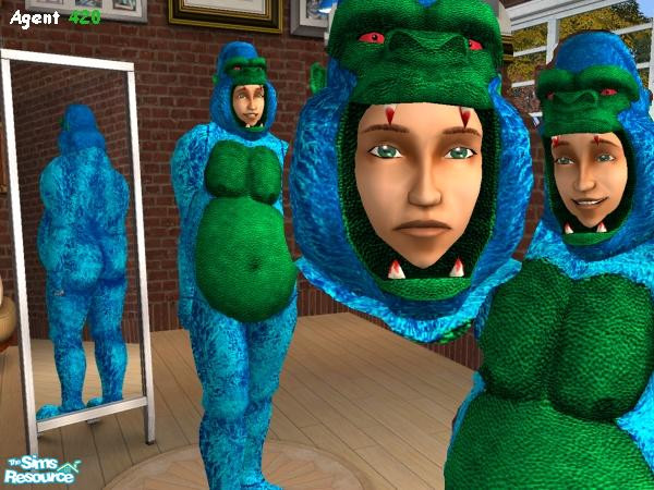 Sims 2 — Adult Female Green Skin Lizard Ape Suit by Agent420 — This Alien Lizard Ape costume (Everyday Clothing) works