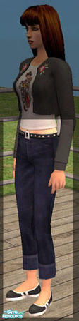 Sims 2 — Cardigans & Capris - Black Shoes by Shannanigan — Jean Capris and studded belt with Stripey Black flats for