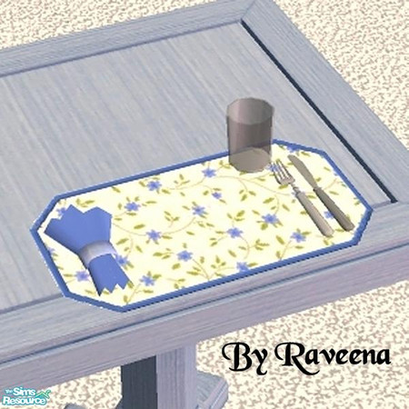 Sims 2 — Placemat -  Lil' Blue Flowers by Raveena — Decorative place mat, with folded napkin, cutlery and tumblers that