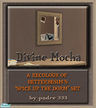 Sims 2 — Divine Mocha Dorm set Mirror Pics by Padre — A dorm set in mocha brown with light wood and a tiny splash of blue