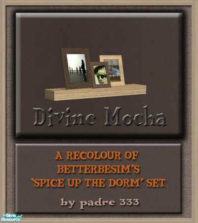 Sims 2 — Divine Mocha Dorm set Photo frames by Padre — A dorm set in mocha brown with light wood and a tiny splash of