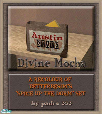 Sims 2 — Divine Mocha Dorm set Bookbag by Padre — A dorm set in mocha brown with light wood and a tiny splash of blue and