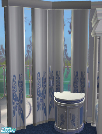 Sims 2 — Hibiscus Heaven Curtains by Cloisonne — Offwhite with a hint of Blue and Hibiscus design.