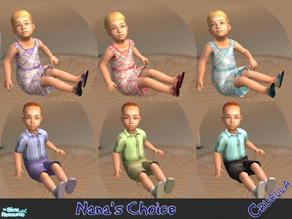 Sims 2 — am_NanasChoice by Cruella — Cute plaid dresses for the Tot female and striped polo and shorts for the Tot male.