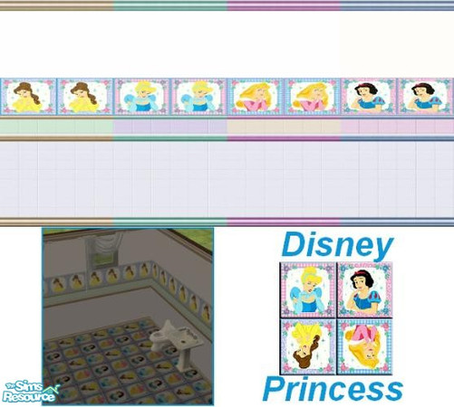 Sims 2 — Disney Princess by Lorah — Bell, Cinderella, Sleeping Beauty, Snow White. These walls and floor tile can be