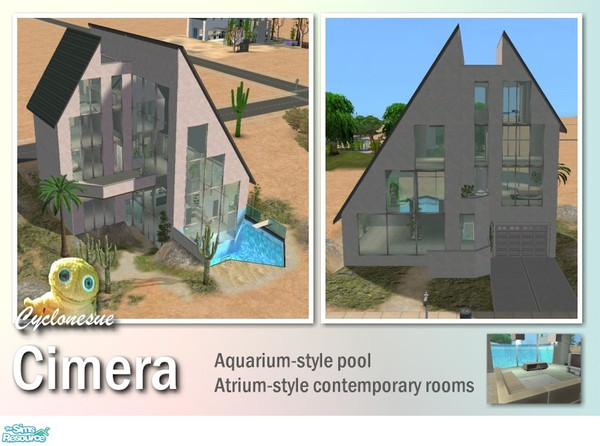 Sims 2 — Cimera by Cyclonesue — A modern home (part-furnished) with family rooms three storeys high and aquarium-style