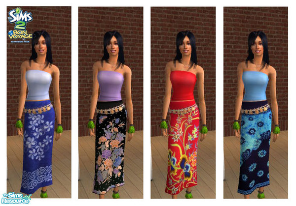 Sims 2 — Bon Voyage Sarong Set 01 by kittyispretty69 — A set of four colorful sarong outfits for female adults perfect