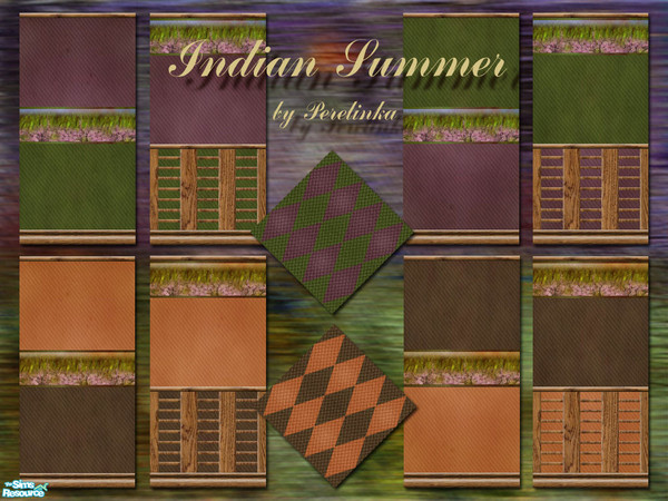 Sims 2 — Indian Summer Set by perelinka — Wallpapers in plum+green and orange+brown finished with oak wood.