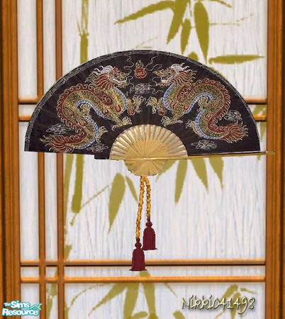 Sims 2 — Oriental Silk Wall Fan 3 by Nikki041498 — Gold and crimson dragons handpainted on black silk. You must have the