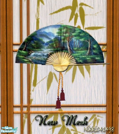 Sims 2 — Oriental Silk Wall Fans - New Mesh by Nikki041498 — Beautiful landscape handpainted in soothing greens and blues