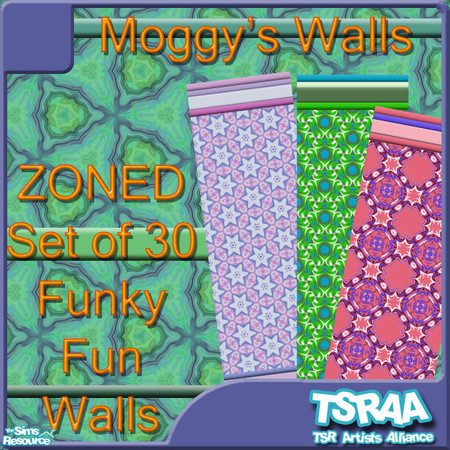 Sims 2 — Zoned by KittenKiss — Zoned! A fun set of 30 walls with zany colours, funky patterns and coloured cornices for