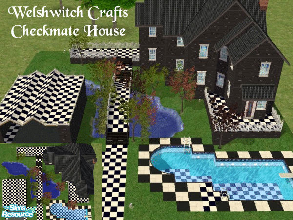 Sims 2 — Checkmate by WelshWitch — House, brided pond, swimming pool, garage & parking. Fun checkerboard design for