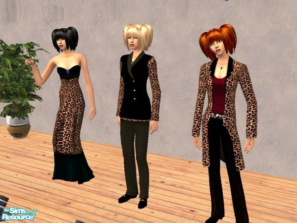 Sims 2 — Leopard Attack Outfits!  by kalamitykt — Beautiful faux leopard fur outfits trimmed in black velvet and a hint