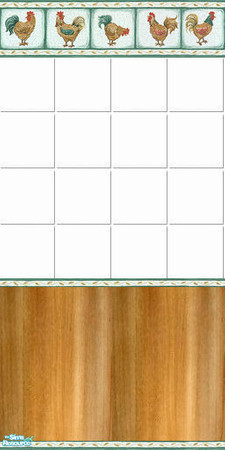Sims 2 — Chanticleer Kitchen - Wall by Riverwillows — Nice wall in white tile, honey pine, and soft green rooster border.