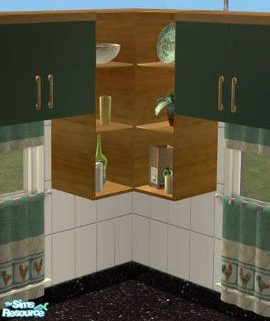 Sims 2 — Chanticleer Kitchen - Corner Shelves by Riverwillows — Cute kitchen in lovely greens and honey pine, featuring
