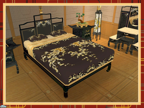Sims 2 — Oriental Bedroom - Bedding  by Dgandy — Black laquer furniture wood with rich tones of gold and white make this