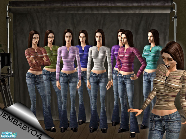 Sims 2 — Striped Henley Shirts with Jeans by jembaby04 — Casual henley style shirts with multi-colored stripes over