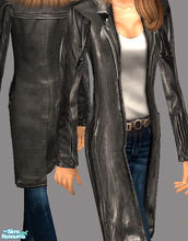 Sims 2 — Leather Jacket by ChazDesigns — A long knee length jacket/coat with dark jeans and a white tank underneath.