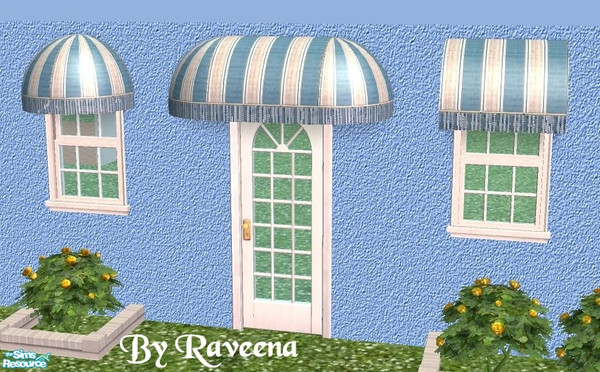 Sims 2 — Blue/Grey with Fringe Awning by Raveena — You need Windkeeper's 4 mesh files if you want all the styles shown.