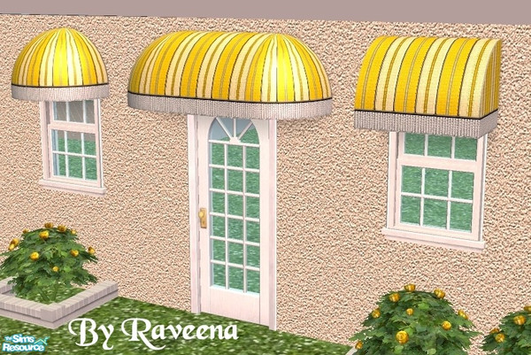 Sims 2 — Orange Stripw with Fringe Awning by Raveena — You need Windkeeper's 4 mesh files if you want all the styles