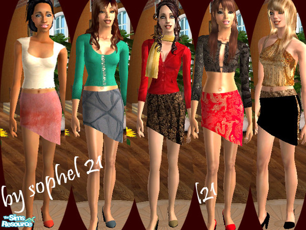 Sims 2 — Sloping skirt Set by TSR Archive — set of 5 skirts with highheels ***you must download the mesh from 2-for-you