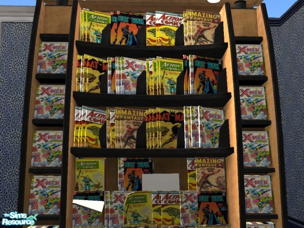Sims 2 — Deluxe Magazine Rack - Comics by luvs10s — X-Men, Batman, Amazing Fantasy featuring Spiderman, along with Action