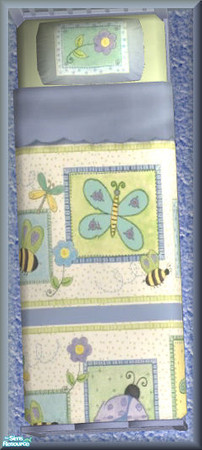 Sims 2 — NK Hansen Fancy Flights - Bedding by MoMama — A pale green mattress hosts a quilt of friendly flying insects